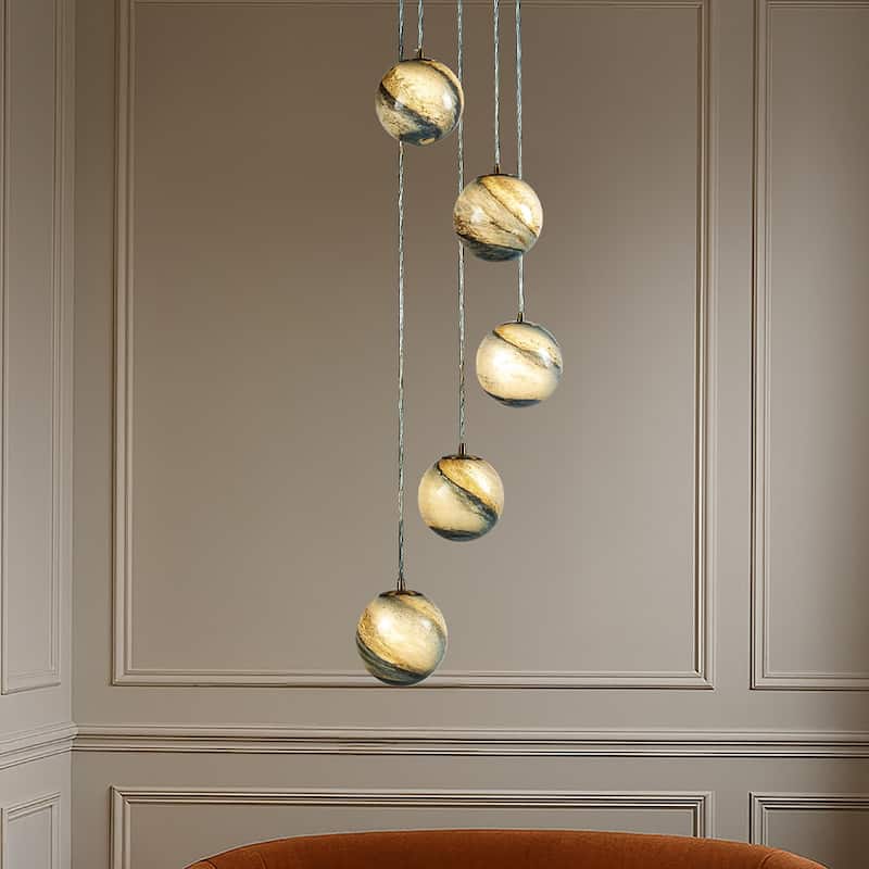 12'' 5-Light Modern Glazed Glass Globe Staircase Chandelier Coastal Handcrafted Glass Pendant In Matte Black - W12''