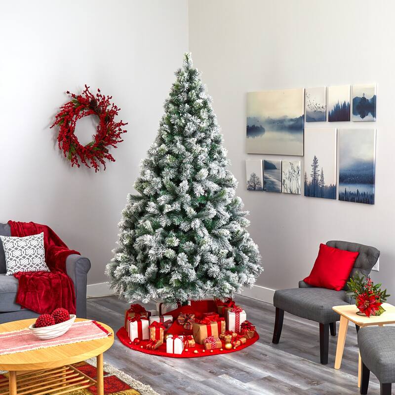 8ft Flocked Christmas Tree with Lights - Prelit Artificial Pine Holiday Decor - Green - 96