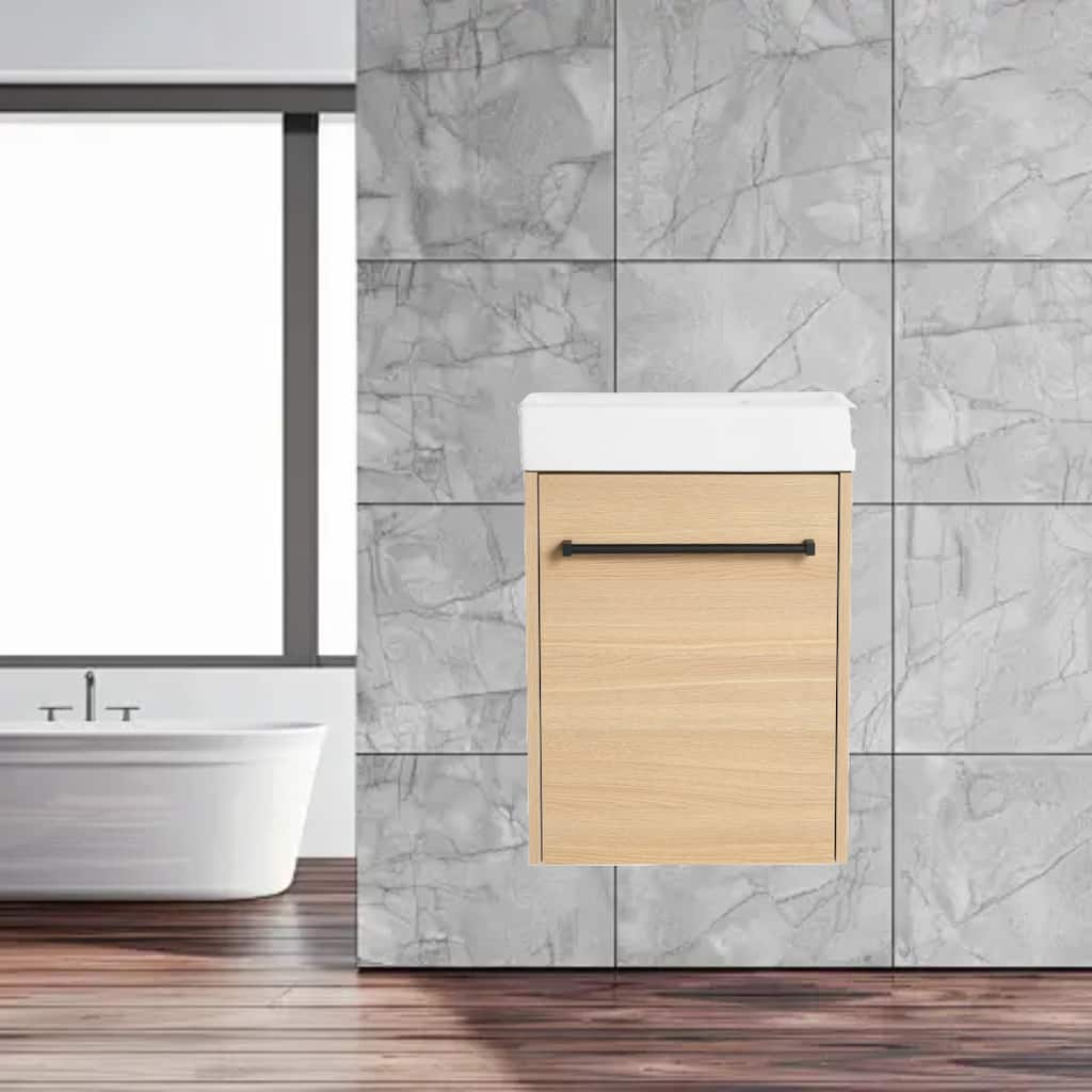 16'' Wall-Mounted Bathroom Vanity with Ceramic Sink, Soft-Close Cabinet Door, & Metal Handle - Space-Saving Design