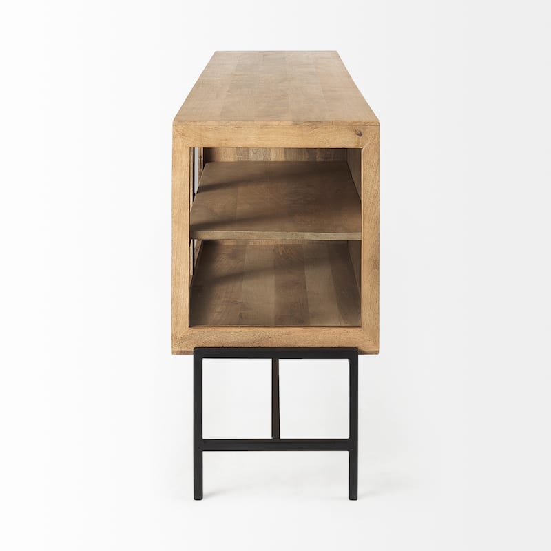 Arelius Light Brown w/ Black Metal Base 4 Door Glass Cabinet Sideboard - 70.0L x 18.0W x 32.0H