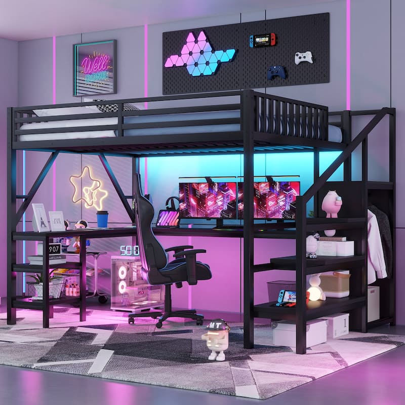 Metal Queen Loft Bed with Wardrobe and LED Light, Queen Size Loft Bed with L Shaped Desk and USB for Kids Teens Adults