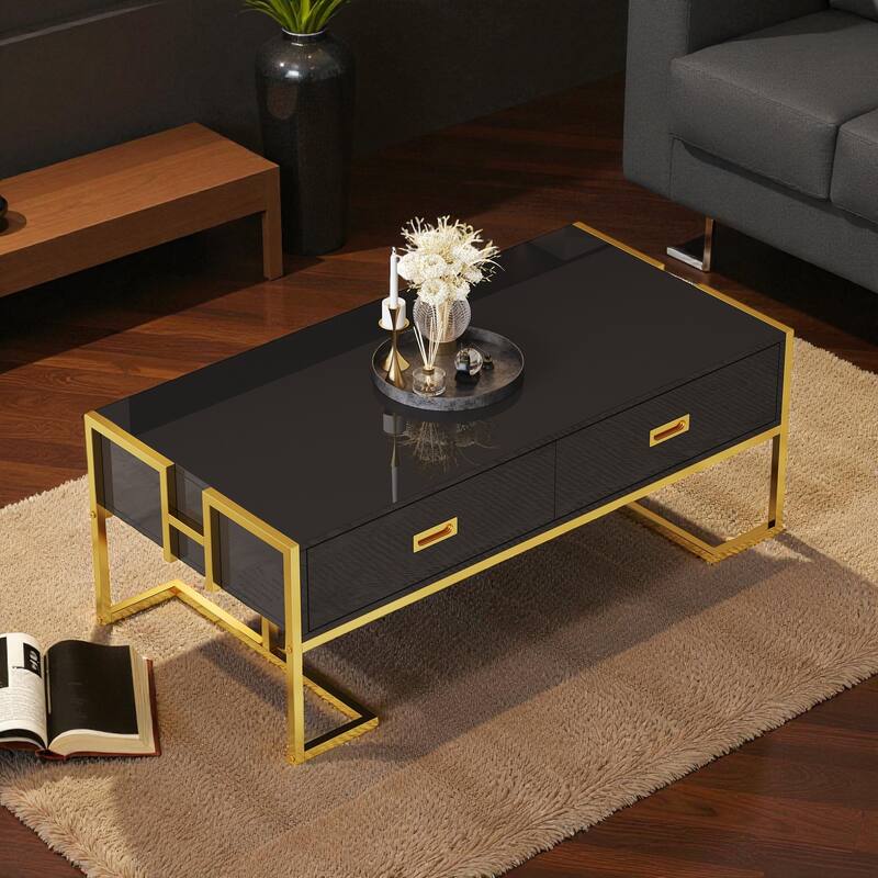 47.3'' Modern Rectangular Coffee Table with 4 Storage Drawers and Gold Metal Base for Living Room