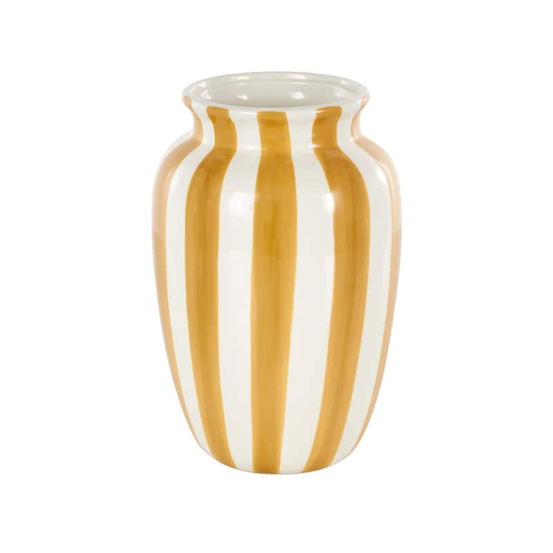 Ceramic Round Wide Decorative Vase with Yellow or Teal Vertical Stripes - White - Roche River Decor - White - Yellow