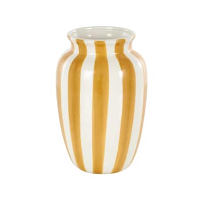 Ceramic Round Wide Decorative Vase with Yellow or Teal Vertical Stripes - White - Roche River Decor