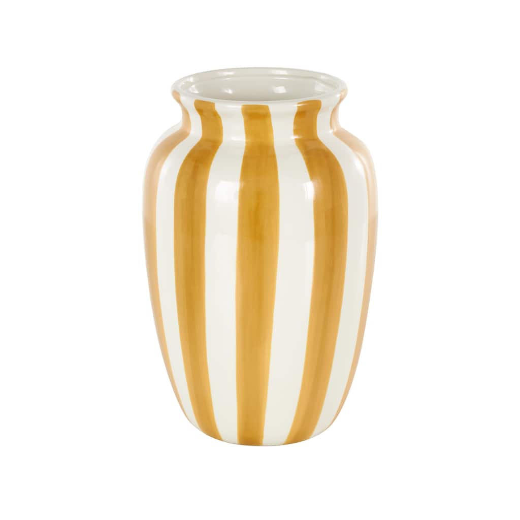 Ceramic Round Wide Decorative Vase with Yellow or Teal Vertical Stripes - White - Roche River Decor