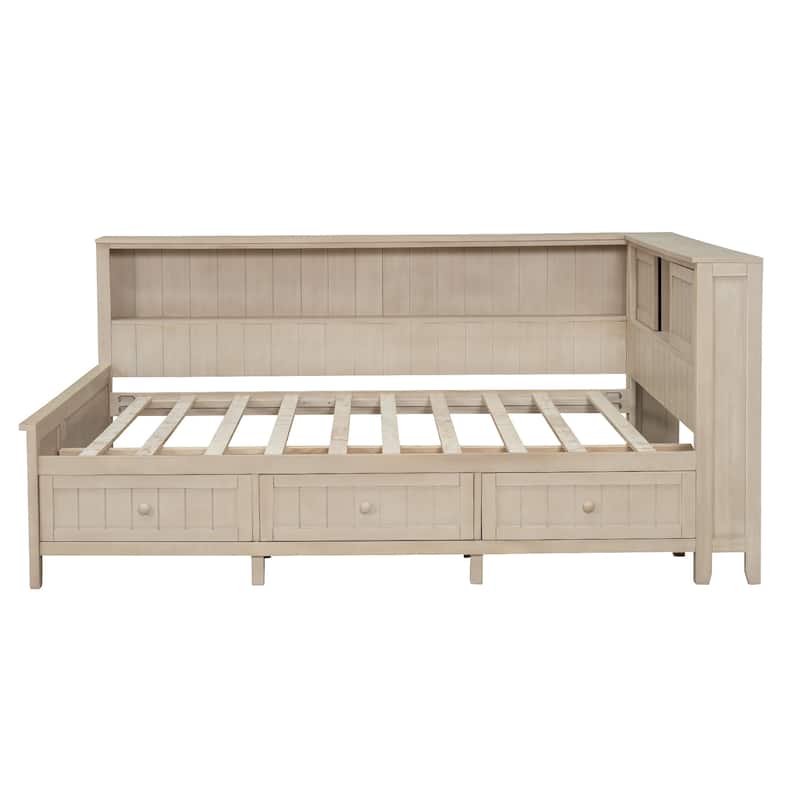 Full Size Antique Daybed with 3 Drawers & Storage Shelves (400lb Capacity)