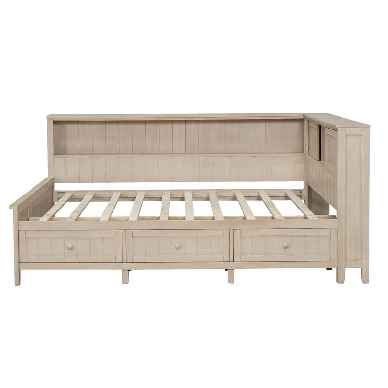 Sturdy Wood Platform Frame Daybed with Storage Shelves and 3 Drawers, Space-Saving Design for Bedroom or Guest Room