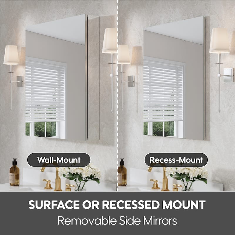 Recessed or Surface Wall Mount Bathroom Medicine Cabinet With Adjustable Glass Shelves