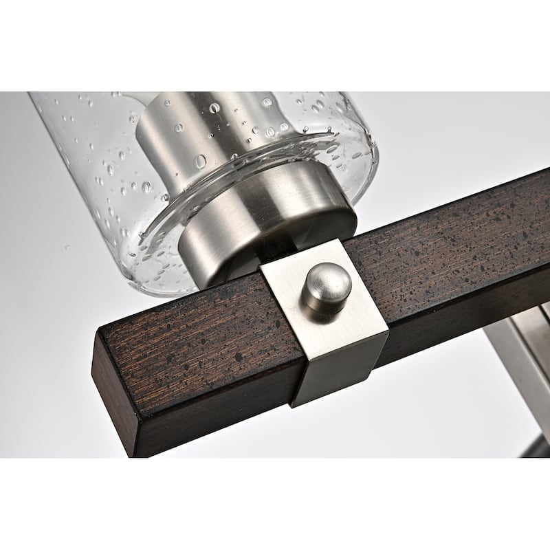 Brushed Nickel and Wood 3-Light Vanity with Seedy Glass Sconces - Brushed Nickel and Wood