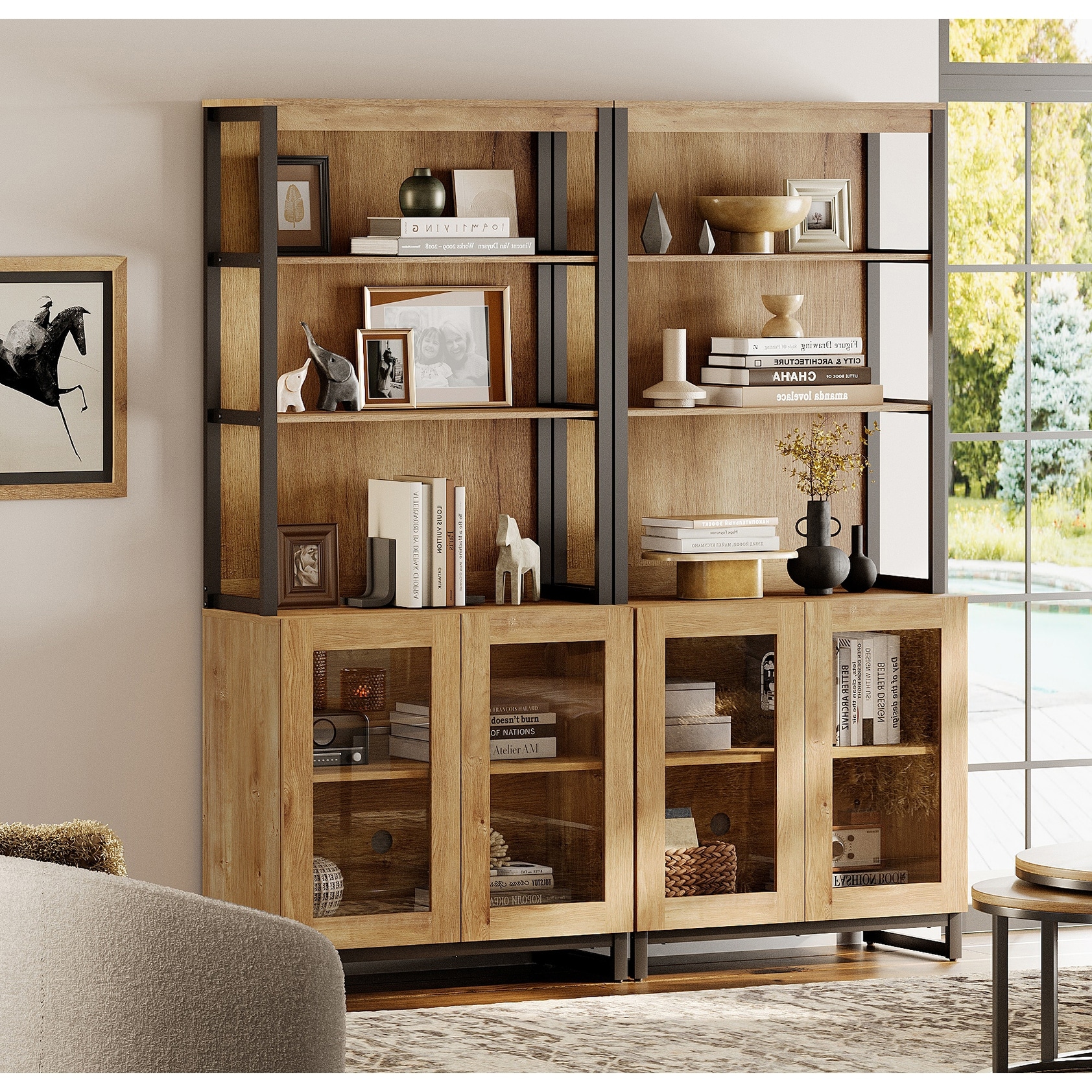 2 PCS Modern 72" Tall Bookcases with Glass Doors and Adjustable Shelves for Home Office, Living room.