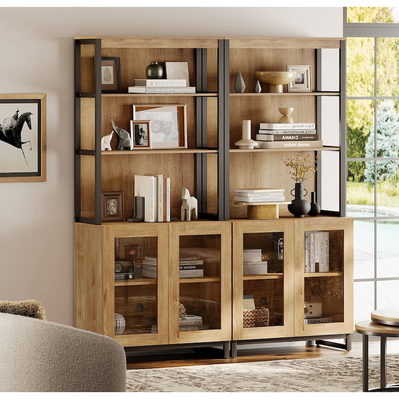 2 PCS Modern 72" Tall Bookcases with Glass Doors and Adjustable Shelves for Home Office, Living room.