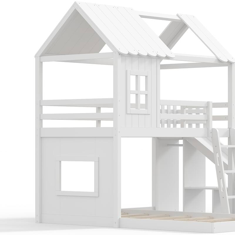 Twin over Full House Bunk Bed with Ladders and Slides, House Floor Bunk Bed with Storage Shelves and Wardrobe