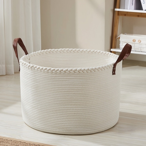 Large Round Cotton Rope Storage Basket Laundry Hamper with Leather Handles 21 x 21 x 14 21 x 21 x 14 Bed Bath Beyond 36922040