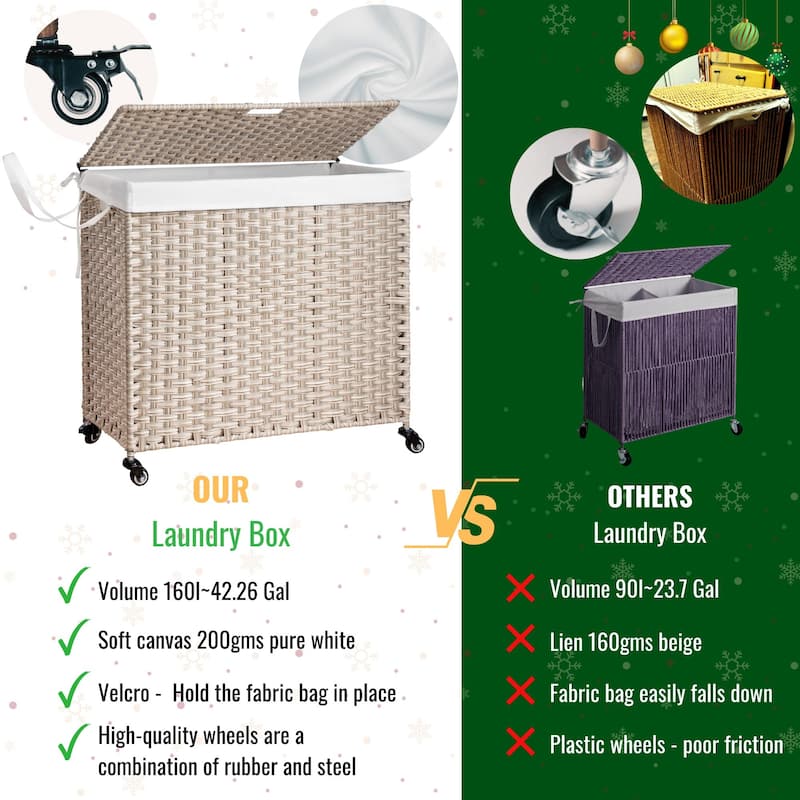 Laundry Hamper with Wheels, 160L Rattan Hampers & 2 Removable Liner Bags, Laundry Basket with Lid - 27"Lx 13.38"W x 26.18"H