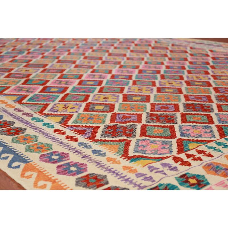 Reversible Trellis Kilim Oriental Area Rug Hand-Woven Wool Carpet - 10'3"x 13'5"