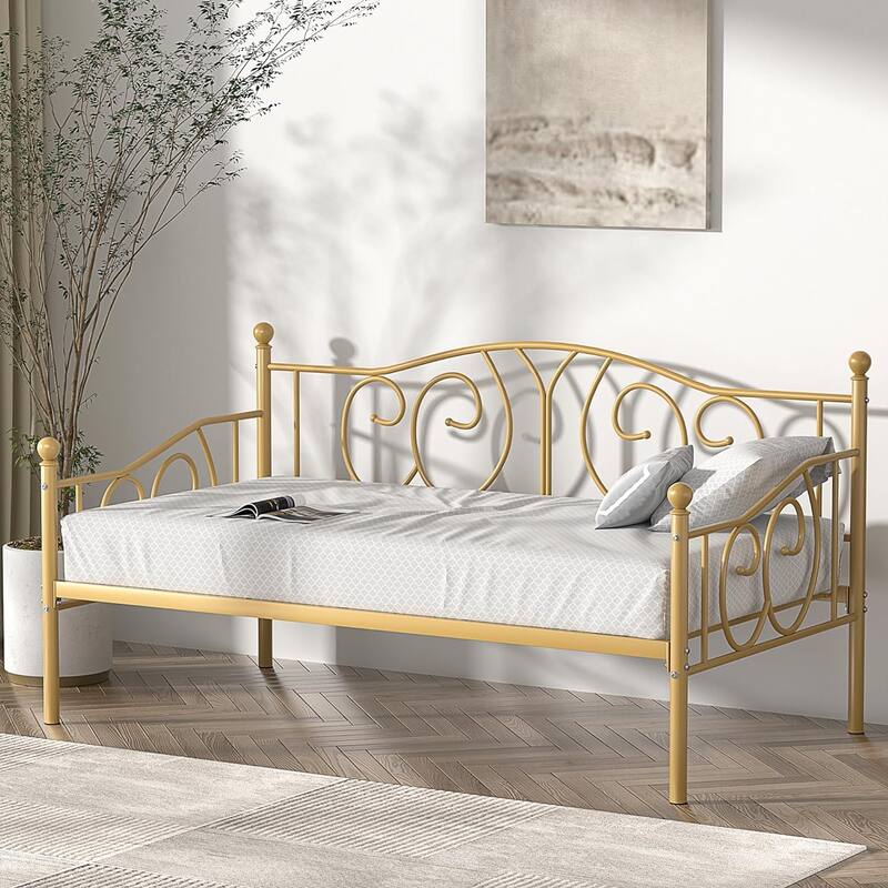 VECELO Metal Twin Size Daybed with Roman Column Legs Scroll Design Heavy Duty 350 lbs Capacity Sofa Bed for Living Room