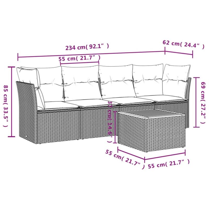 vidaXL 5 Piece Patio Sofa Set with Cushions Gray Poly Rattan - 24.4" x 24.4" x 27.2"