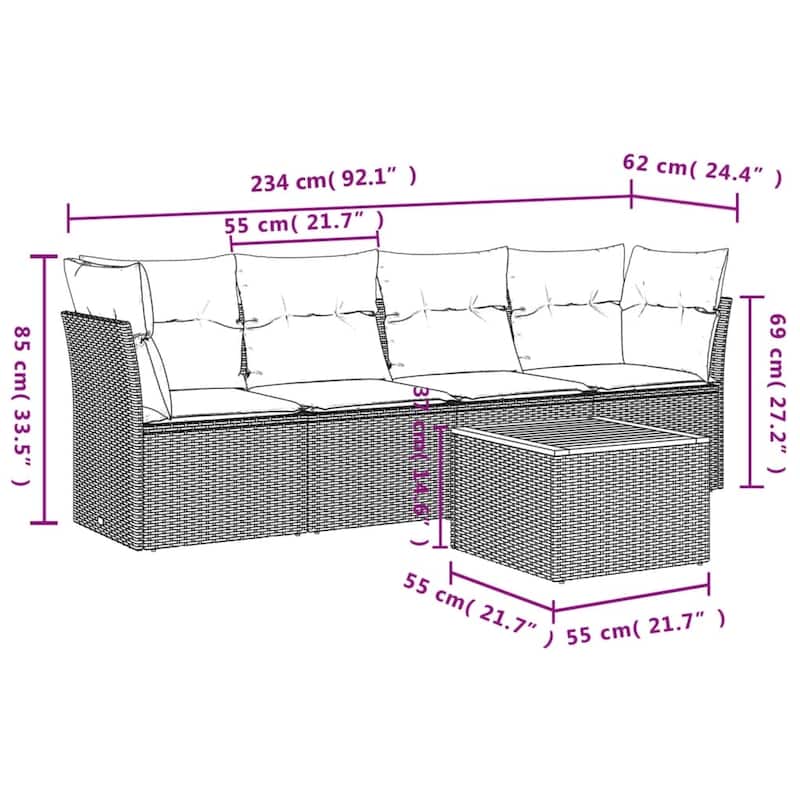 vidaXL Patio Sofa Set with Cushions Outdoor Furniture 5 Piece Poly Rattan - 21.7 x 21.7 x 14.6