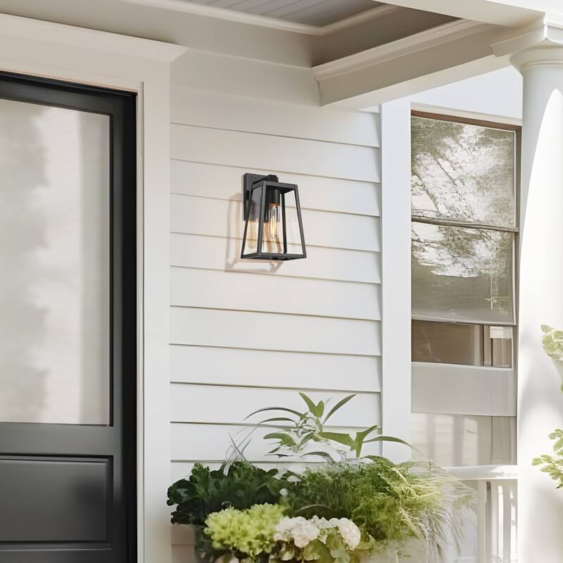 Bern 1-Light Black Lantern Outdoor Wall Sconce Lights Patio Glass Lamps - L 6"x W 6.5"x H 10.5"