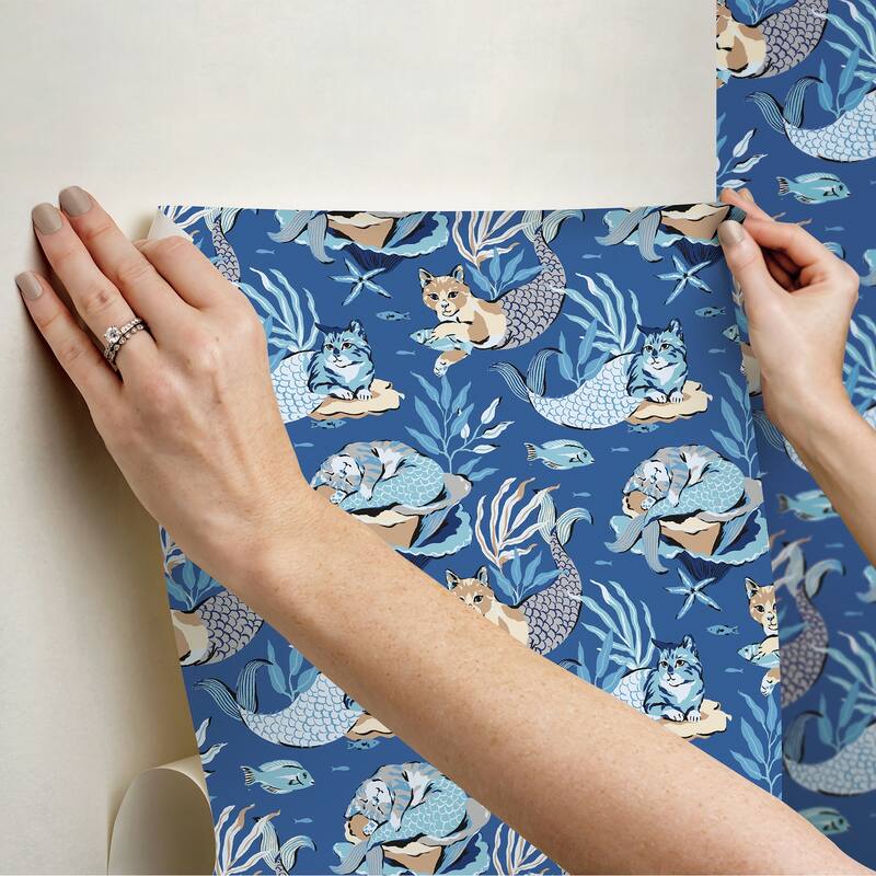 PrintFresh Meowing Mermaids Blue Peel and Stick Wallpaper