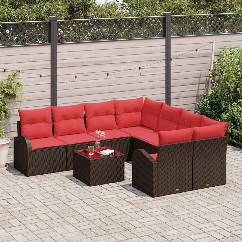 vidaXL 9 Garden Sofa Set with Cushions Black/Brown/Grey Poly Rattan - 92.1 x 92.1 x 27.2