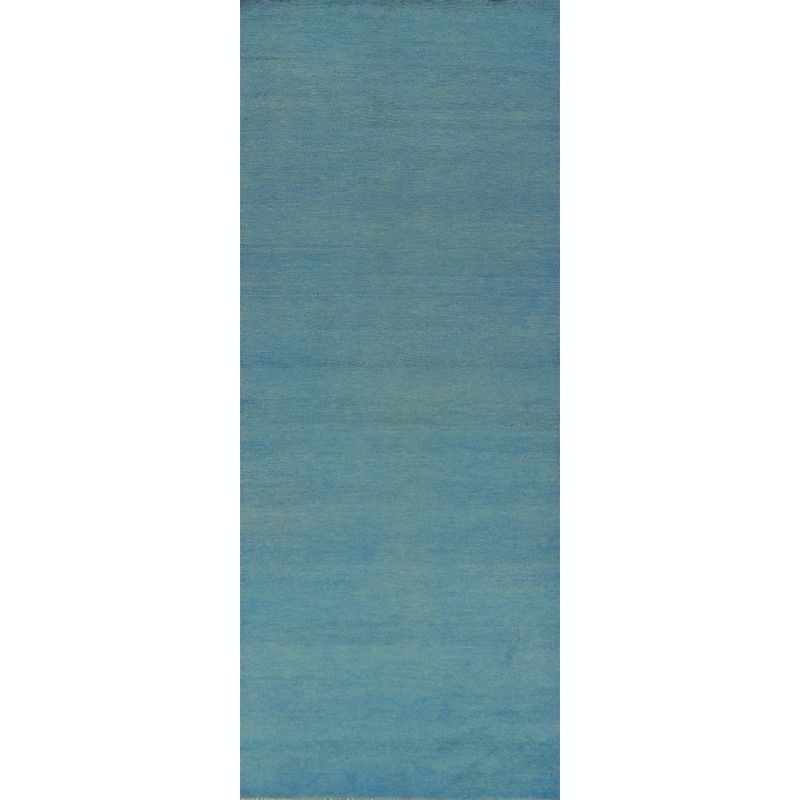 Hand Knotted Oriental 100% Wool Carpet Modern Solid Navy Blue & Blues Gabbeh Runner Rug - 9' 3'' X 3' 0''