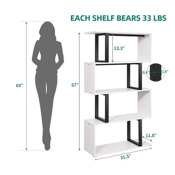 dimension image slide 2 of 5, Hermoth Wood 5 Tiers Bookshelf S-Shaped Z-Shelf Style Bookcase Storage Display