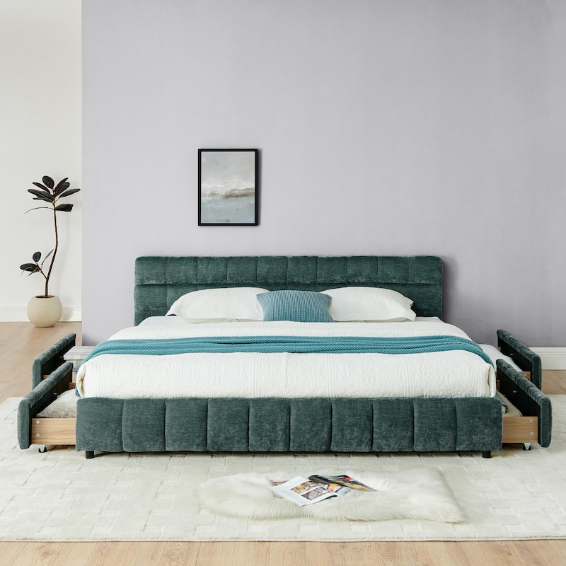 King Size Chenille Upholstered Platform Bed with Headboard and Storage Drawers