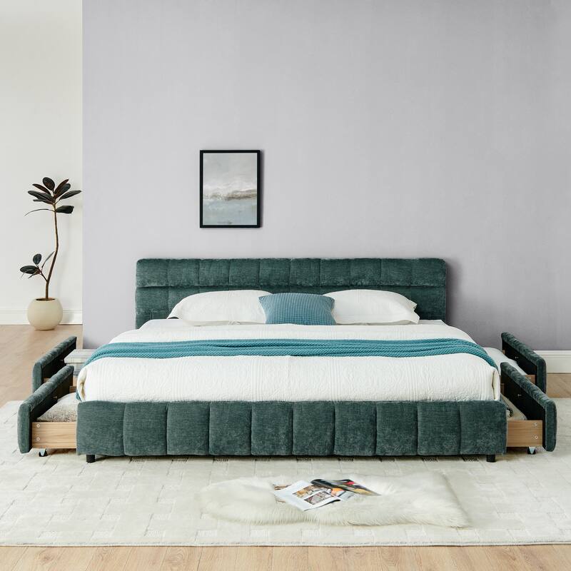 Roomfitters King Upholstered Platform Bed with Storage, Chenille Fabric Frame with Headboard