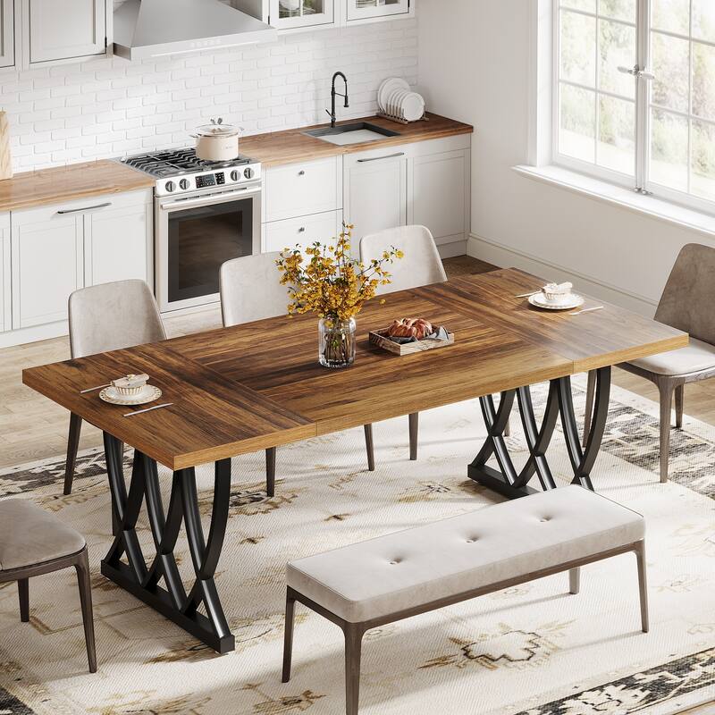 70.87-inch Wood Metal Rectangular Kitchen Dining Table for 6-8 - Brown+Black