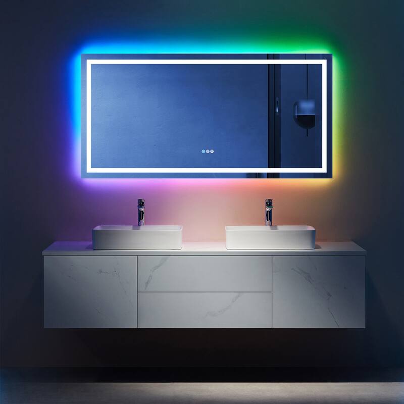 Super Bright RGB Backlit & LED Frontlit Anti-Fog Bathroom Vanity Mirror in Tempered Glass & ETL