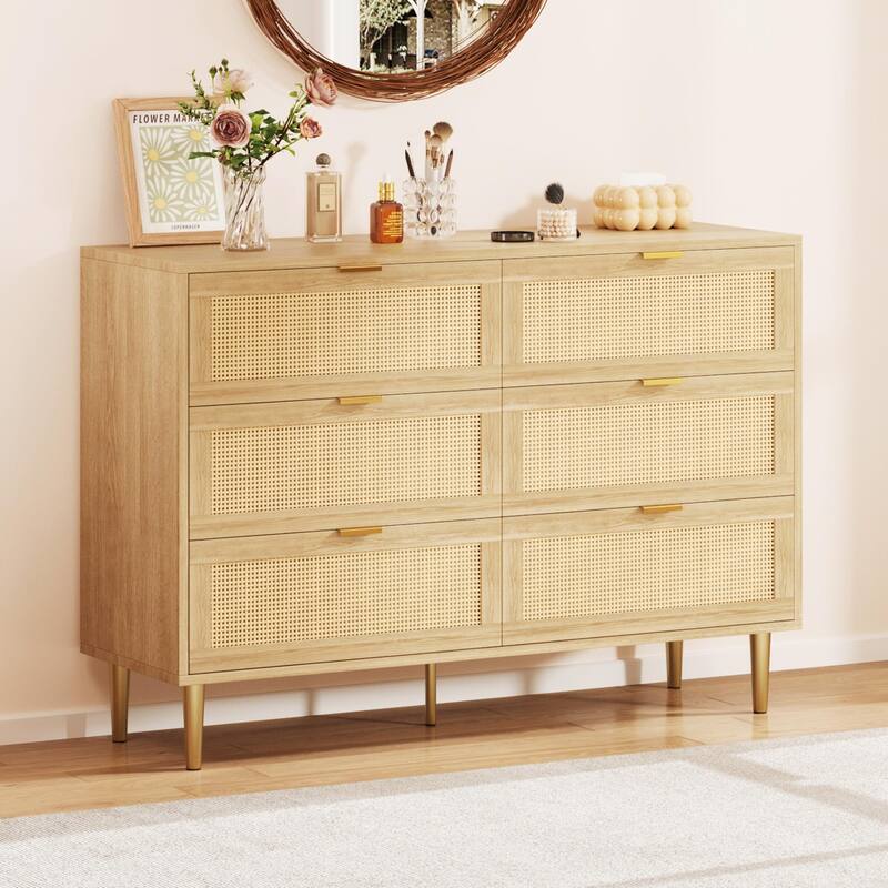 6 Drawer Rattan Dresser for Bedroom, Wide Double Dresser Chest of Drawers
