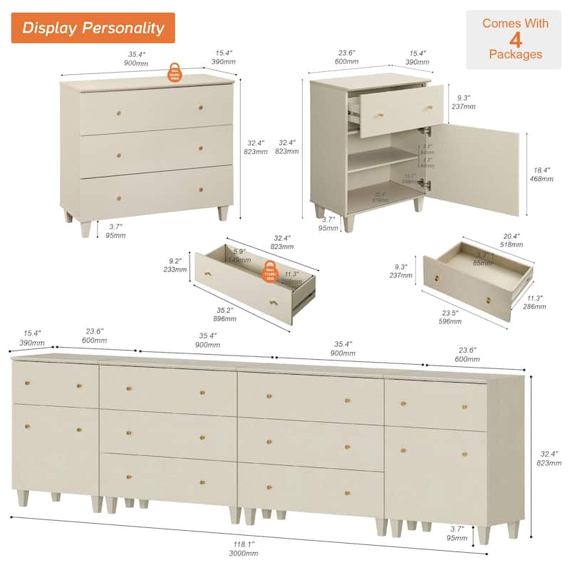 Wood Dresser with 8 Drawers and 2 Cabinets for Bedroom, 118" Wide