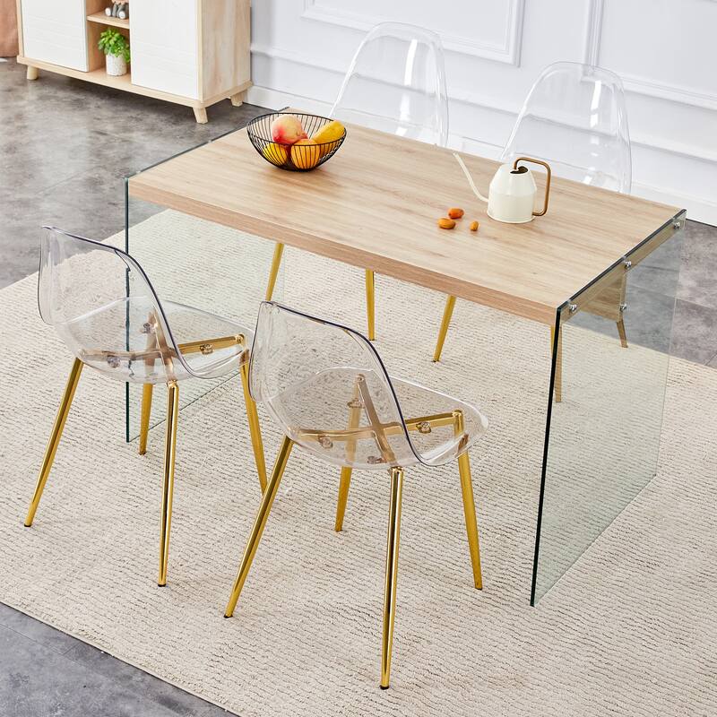 Roomfitters 5pcs Wood Texture MDF Coffee Table Set with Tempered Glass Legs and Transparent Chairs, Transparent - Transparent