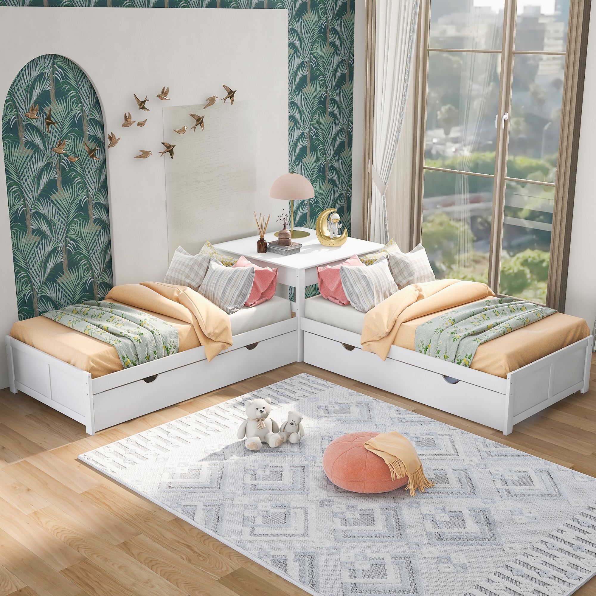 L shaped Platform Bed with Trundle and Built in Desk