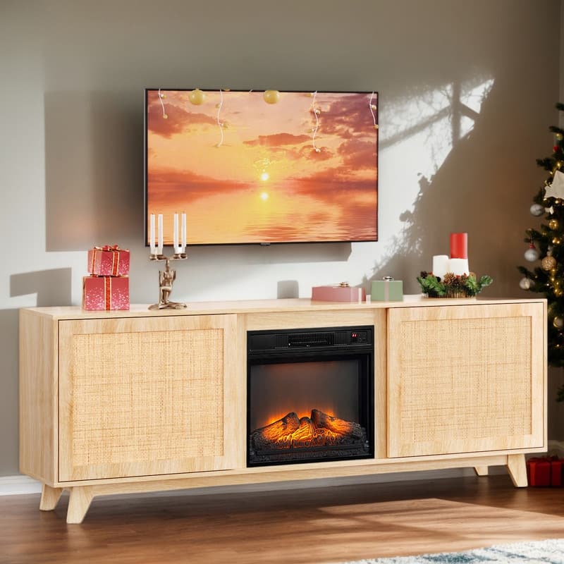 Farmhouse 70'' TV Stand For Tvs Up To 80'' With Electric Fireplace and Ratten Face
