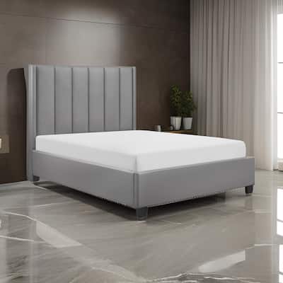 Neon Queen Platform Bed, Faux Leather Upholstered Headboard, Gray Wood