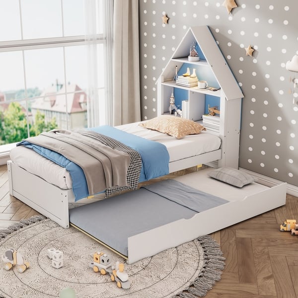 slide 2 of 18, Twin Size House-Shaped Bed with Bookcase Headboard and Led Light and Twin Size Trundle for Kids Boys Girls White+Blue