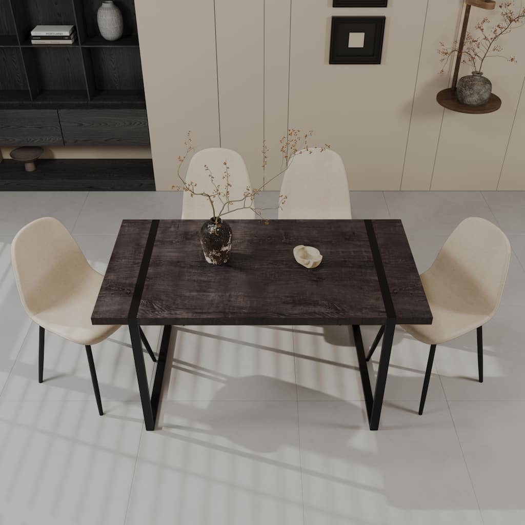 Modern 5-Piece Dining Set with Black Wooden Rectangular Medieval Table & 4 Round Corner Suede Chairs