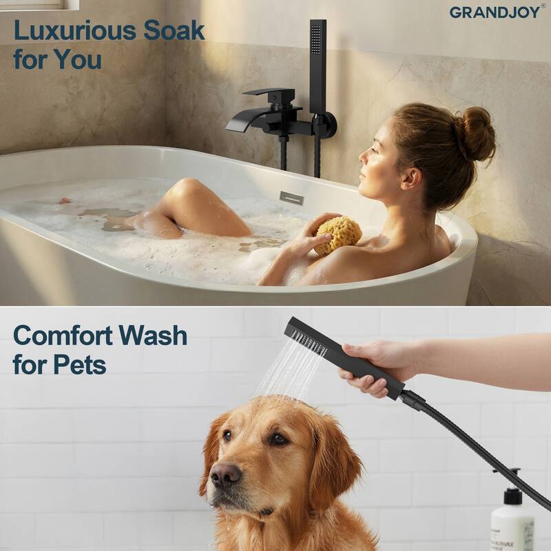 GRANDJOY Wall-mount Waterfall Bathtub Faucet with Handheld Shower
