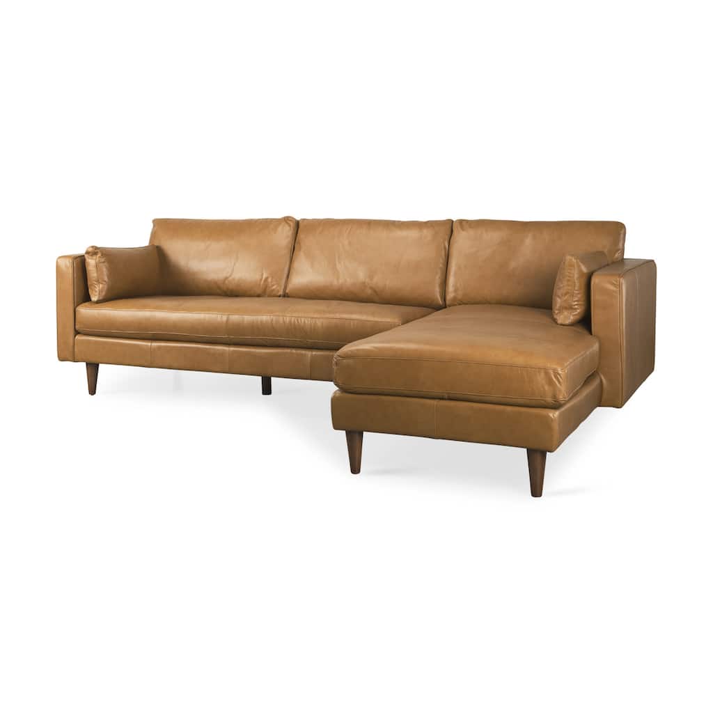 HomeRoots Tan Genuine Leather L Shaped Sofa and Chaise Sectional With Toss Pillows