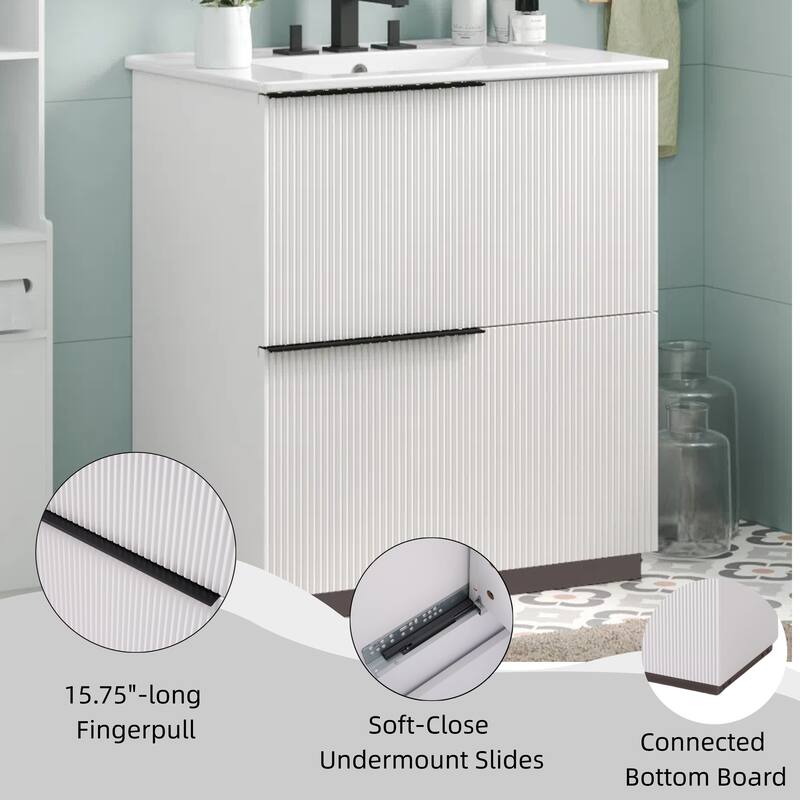 30" Bathroom Vanity with Ceramic Sink, Full-Extension Drawers, Soft-Close Undermount Slides, Fluted Design