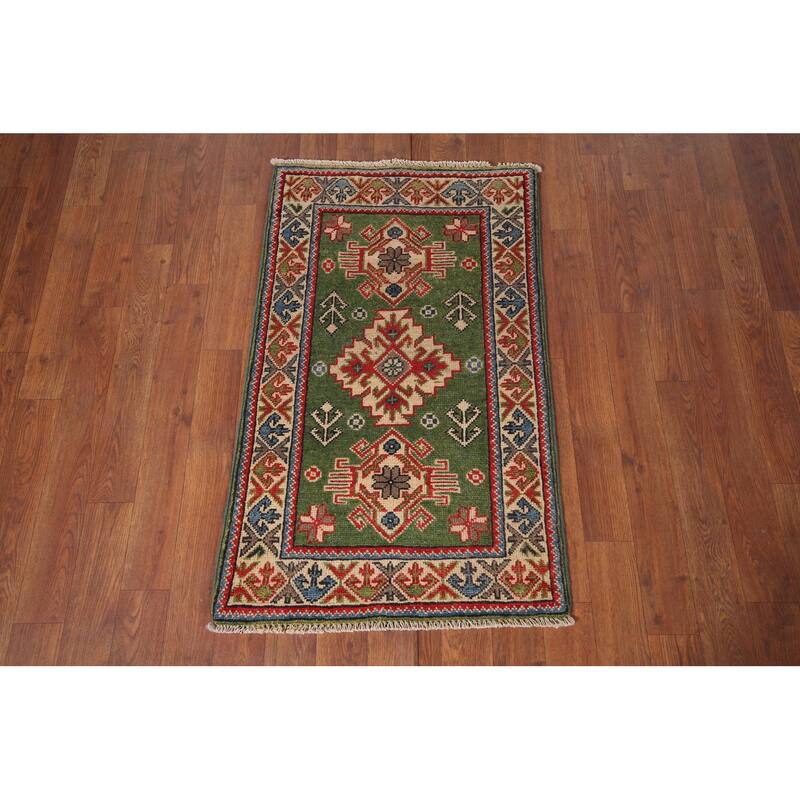 Green Geometric Kazak Oriental Accent Rug Handmade Wool Carpet - 1'10"x 2'10"