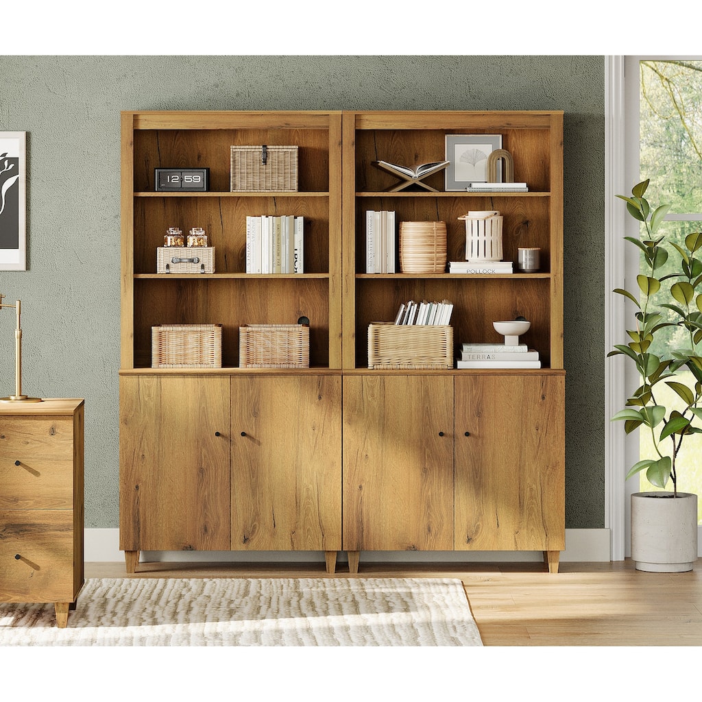 WAMPAT Modern 71" Tall Bookcase with Cabinets, 2 Column 5 Tiers