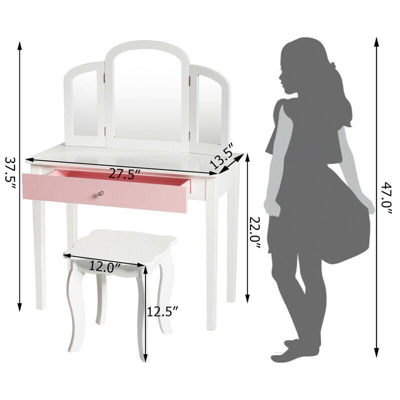 Gymax Kids Vanity Princess Make Up Dressing Table W/ Tri-folding - See Details