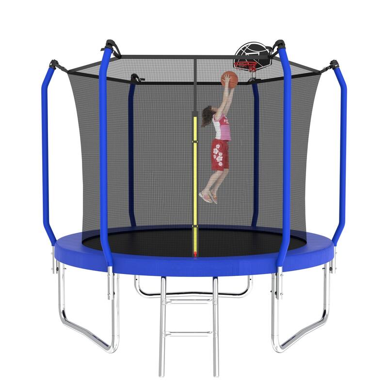 Outdoor Trampoline with Safety Net, Basketball Hoop & Ladder