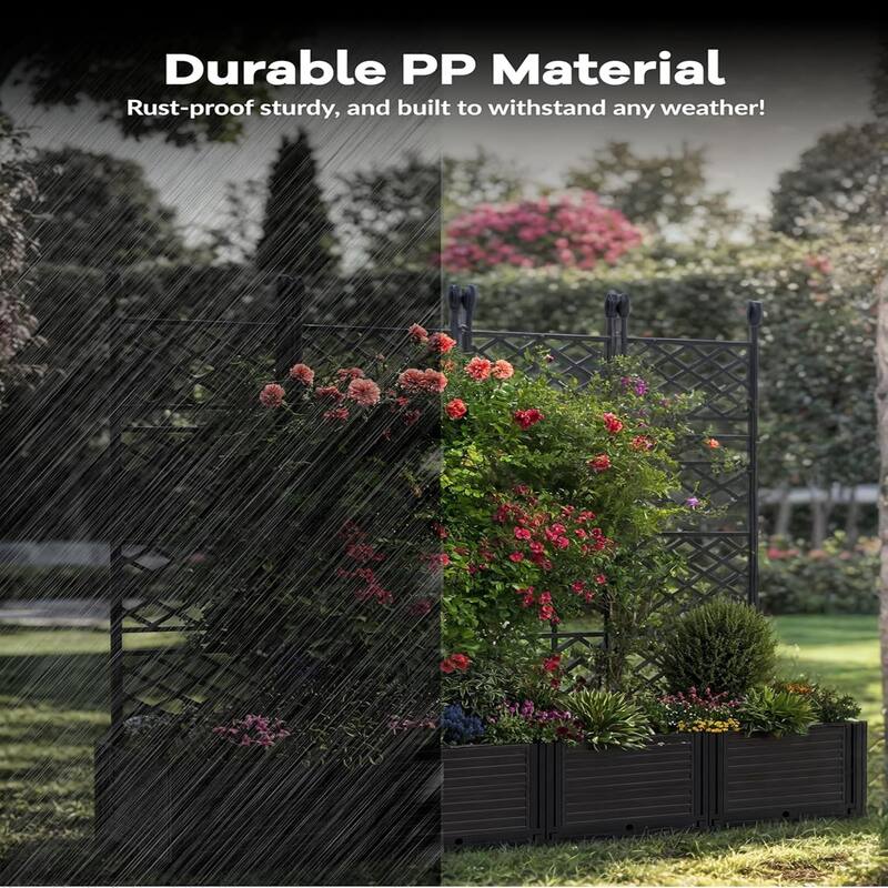 Outdoor Privacy Screen and Garden Kit 4-Section Metal Trellis with Raised Planter Box for Climbing Plants Flowers and Vegetables
