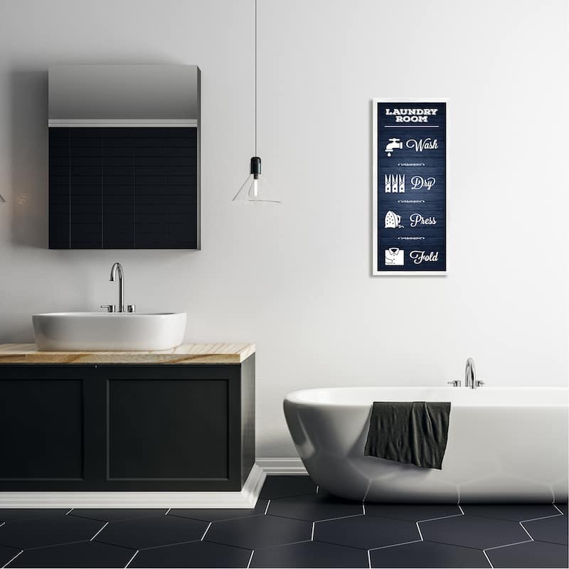 Stupell Laundry Room Rules Sign Blue Grain Pattern Calligraphy Framed Wall Art