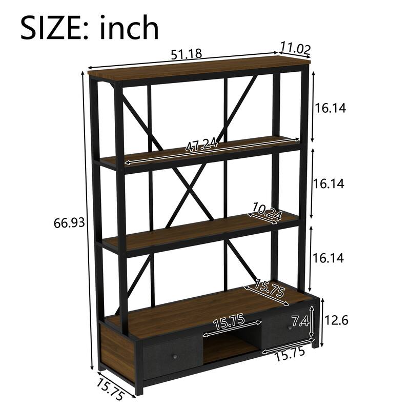 3-Shelf Metal Bookcase with Drawers for Home Office, Open Bookcase, Vintage Industrial Style Bookcase with LED