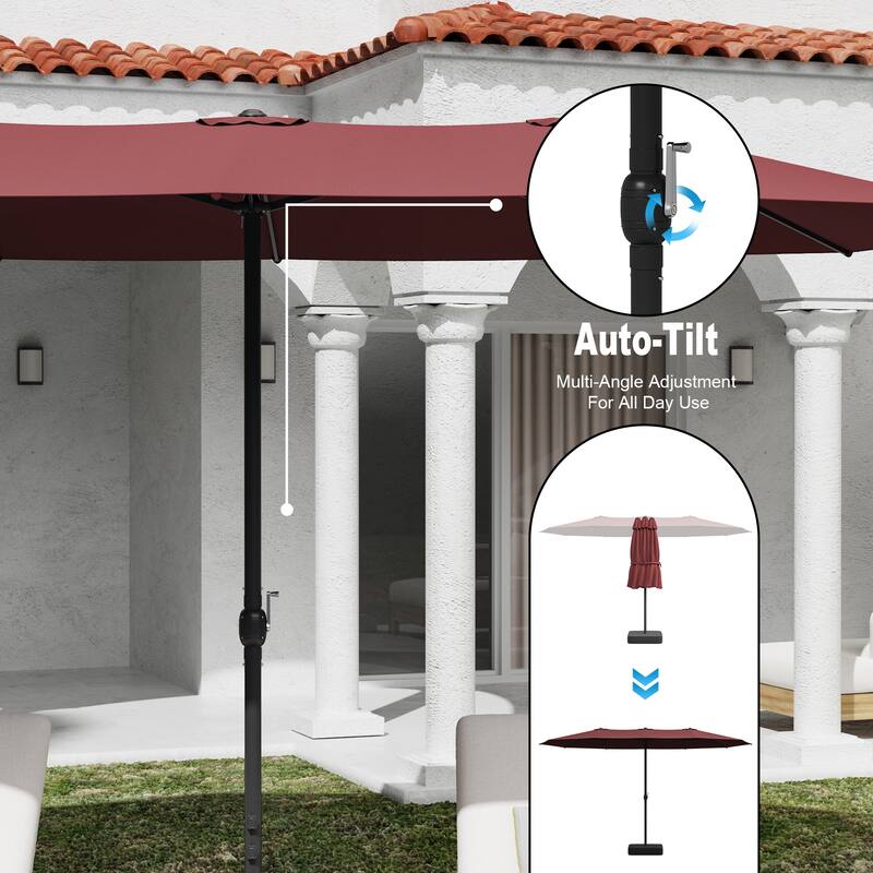 15ft x 9ft Double Patio Umbrella with Base and Sandbags, Extra Large Twin Outdoor Market Umbrella with Auto Tilt, 180g Polyester
